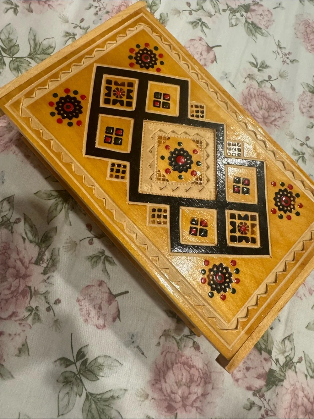 Hand-Painted Wooden Keepsake Box with Geometric Inlay